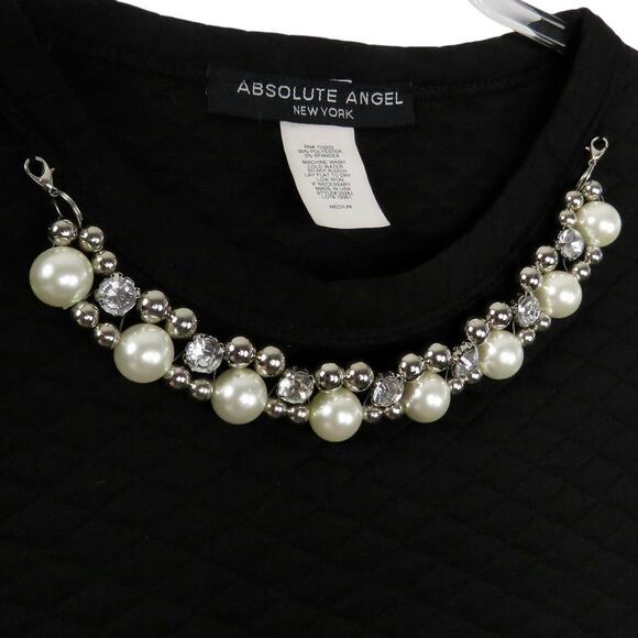 Vintage Absolute Angel Black Quilted Pearl Rhinestone Bib Blouse Medium Twee - Picture 4 of 7